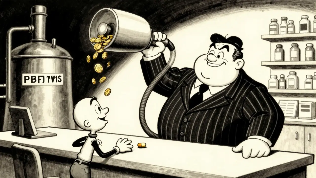 A greedy middleman character collecting gold rebates between a factory and a patient.