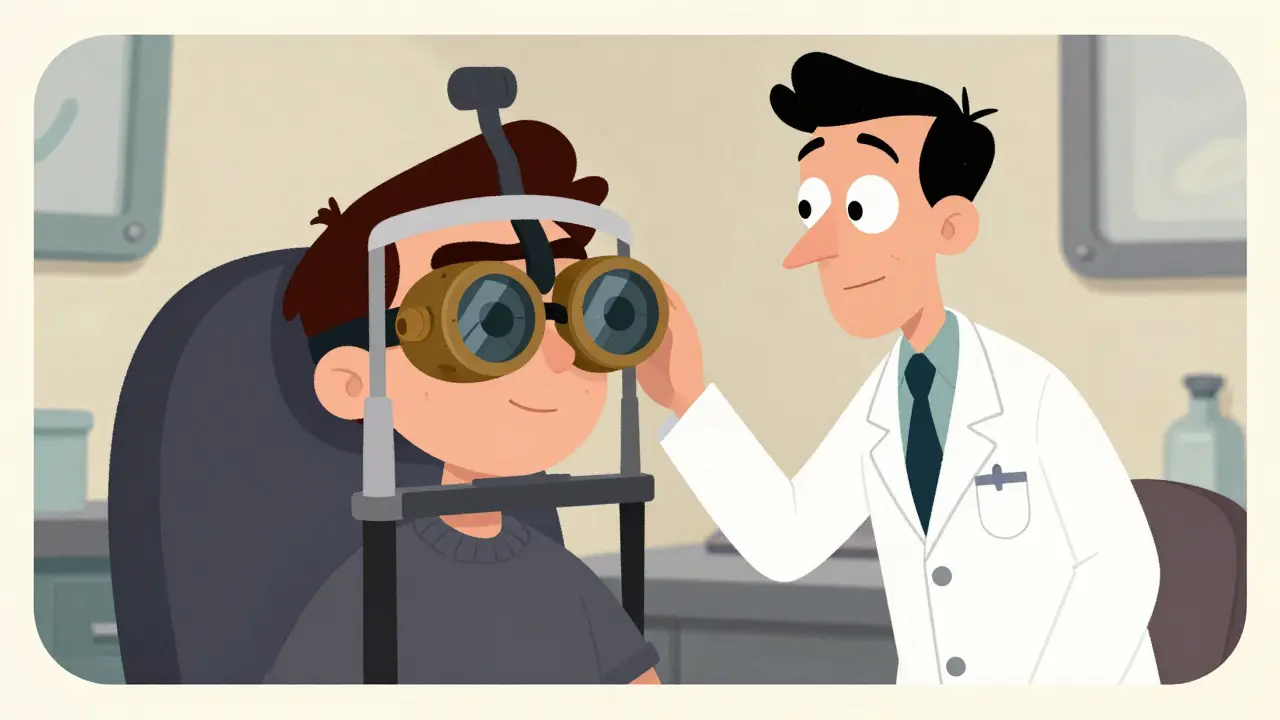 A patient wearing specialized VNG goggles during a vestibular eye exam.