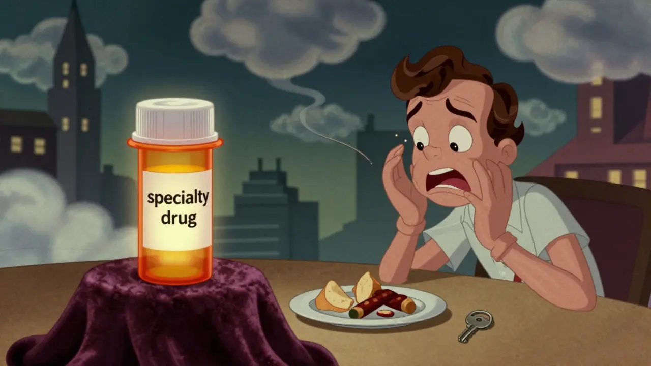 A person torn between paying for expensive specialty medication or basic living needs.