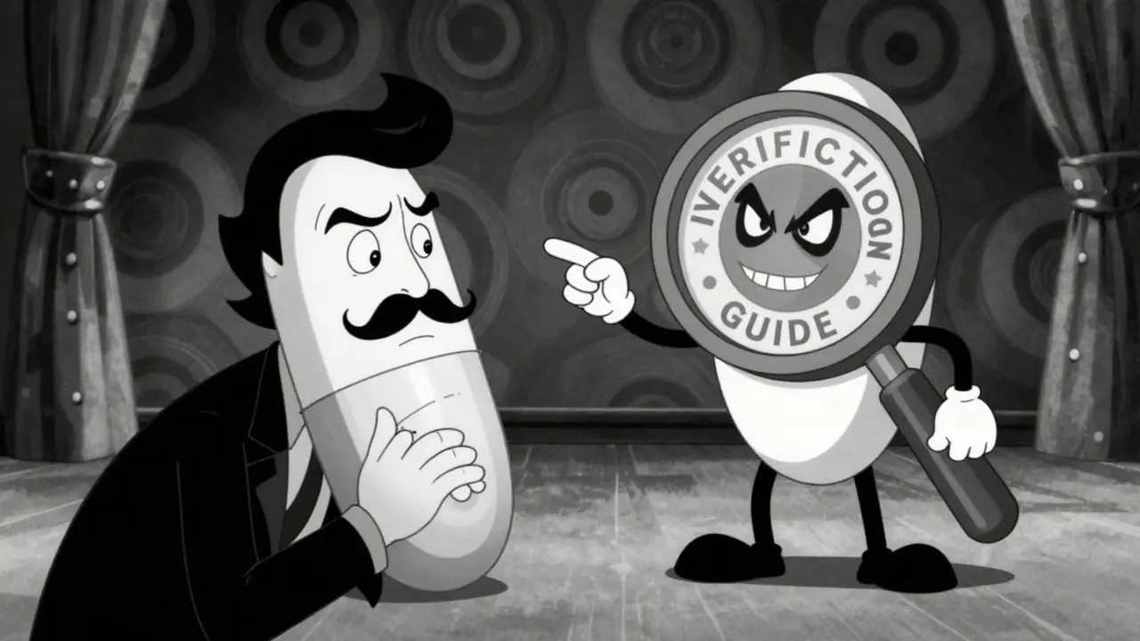 A personified magnifying glass helping a user identify a dangerous fake pill in a vintage style.