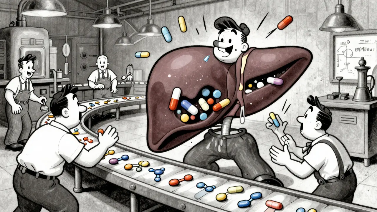 Animated liver as a factory worker overwhelmed by chemical symbols in a vintage industrial setting.