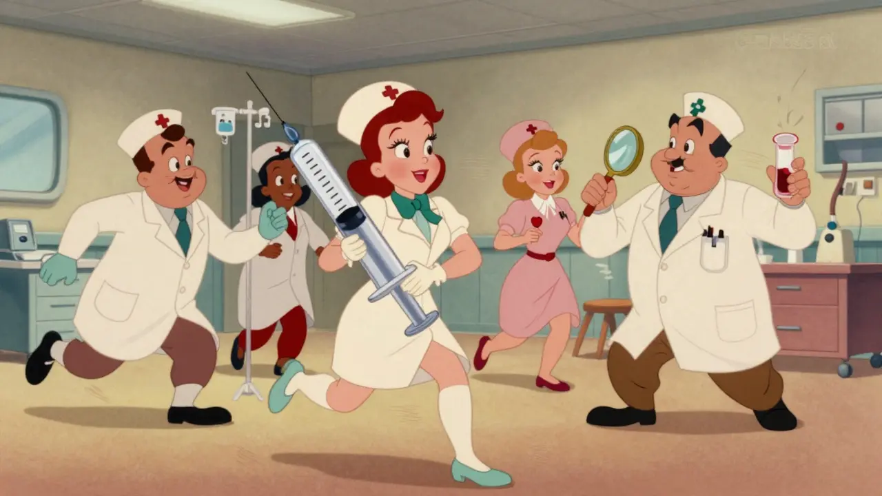 Busy 1930s style hospital staff performing emergency sepsis treatments.