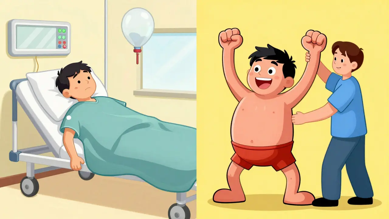 Cartoon character transitioning from extreme fatigue to recovering through physical therapy.