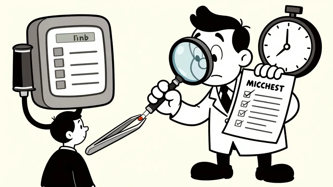 Cartoon doctor carefully monitoring a patient with a giant checklist.