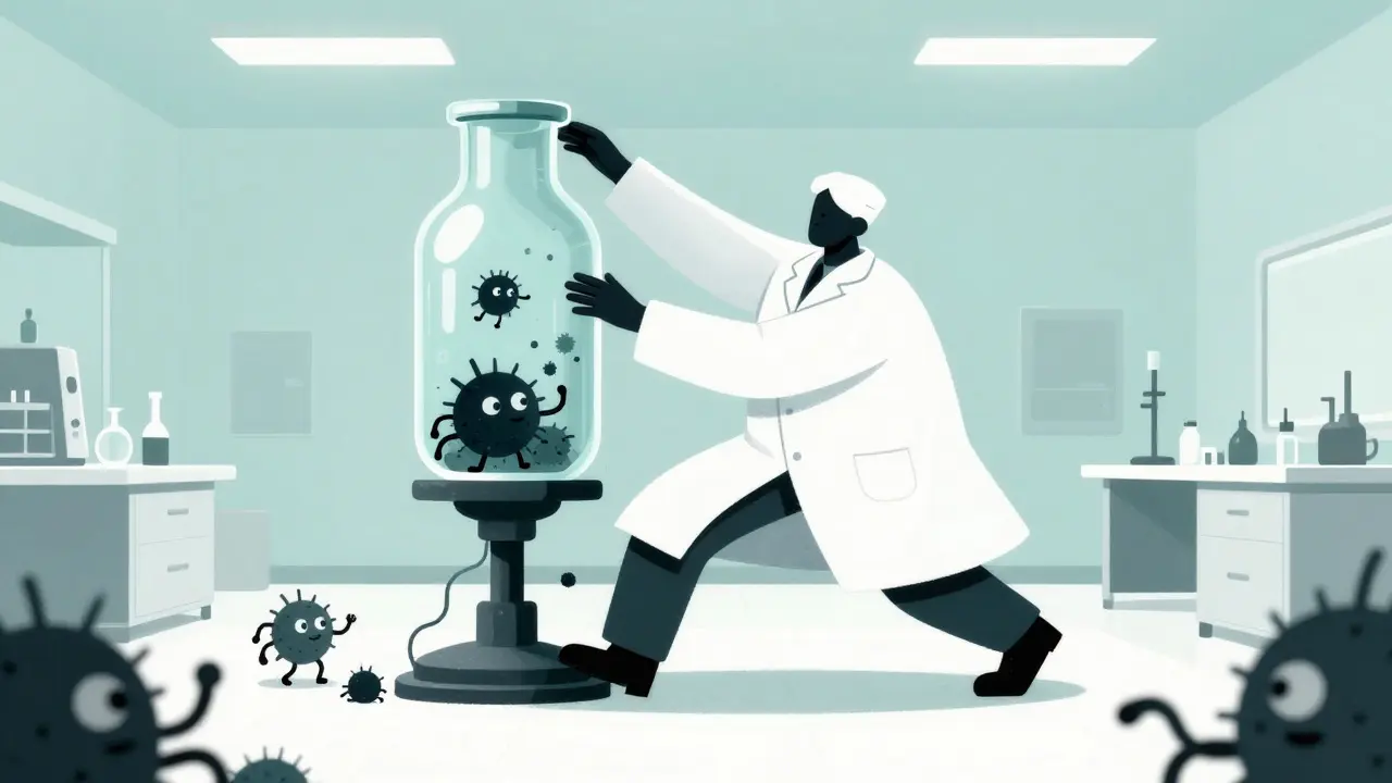 Illustration of a technician trying to keep a large medicine vial sterile from tiny germs