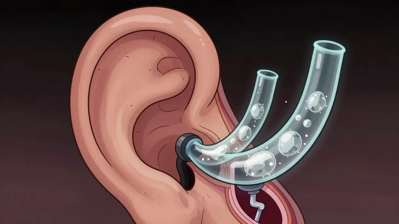 Illustration of calcium crystals inside the inner ear canals in a cartoon style.