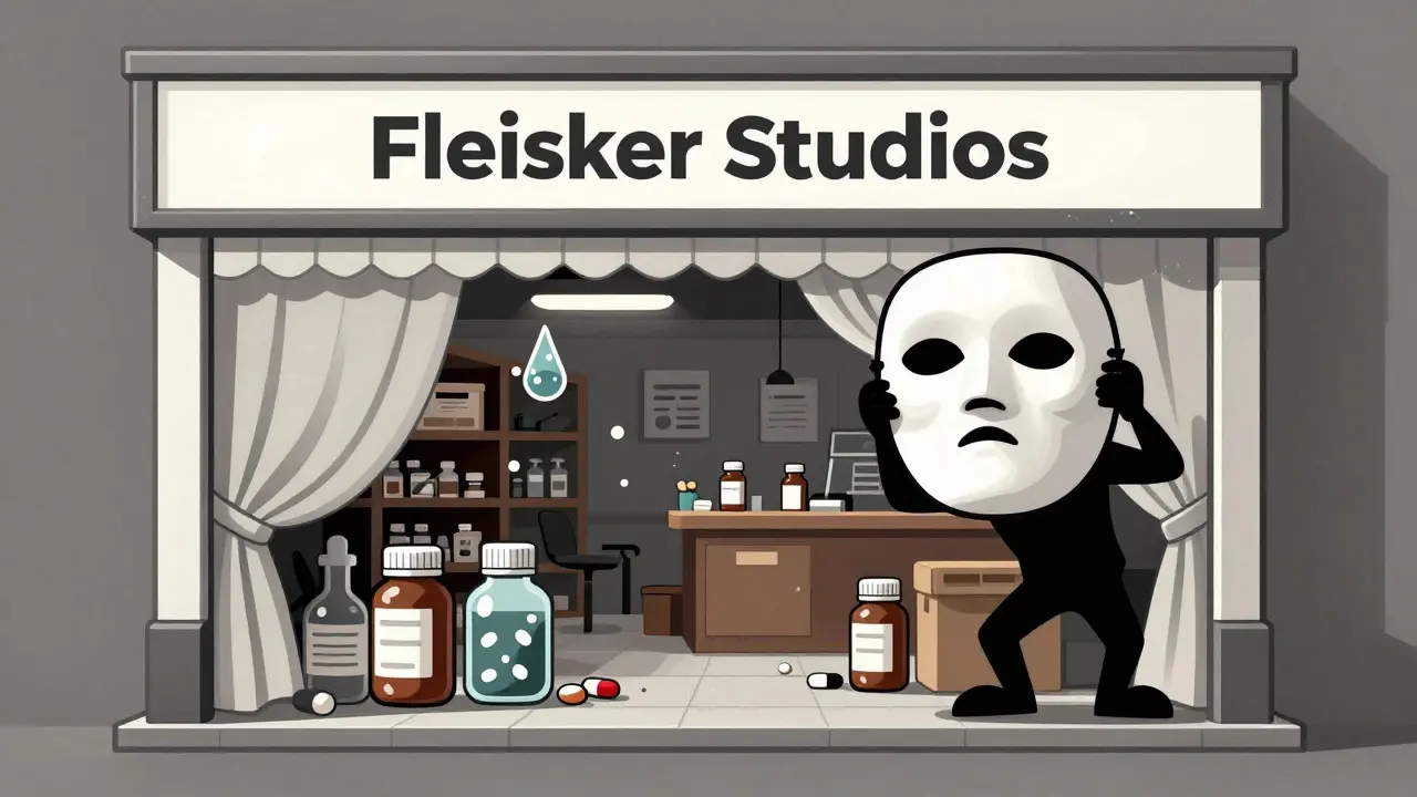 Illustration showing a fake professional pharmacy website revealing a messy hidden warehouse.