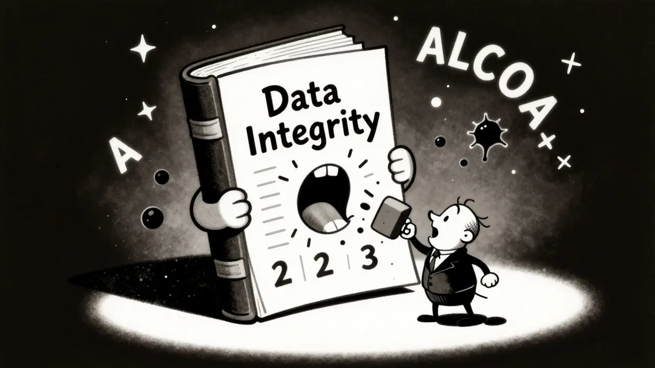 Surreal cartoon of a giant ledger book confronting an accountant over data errors