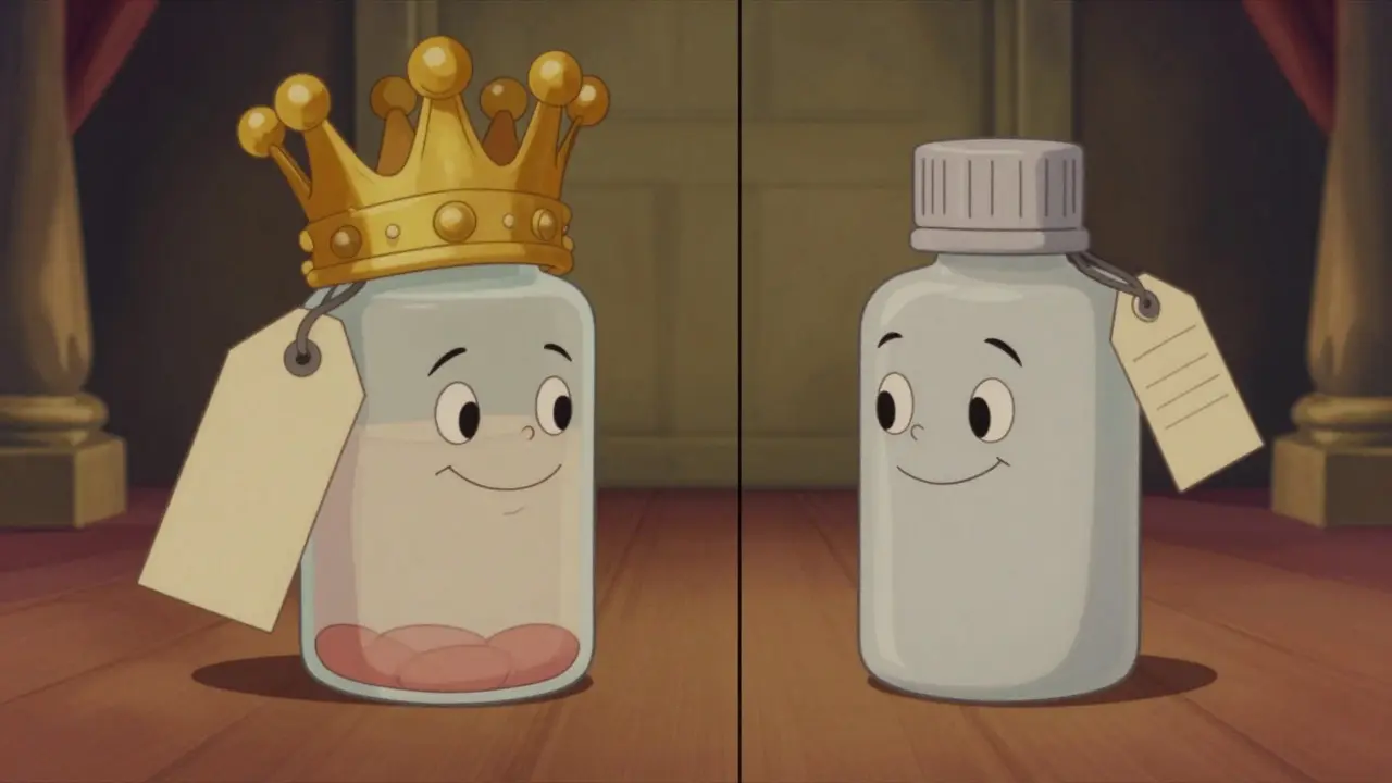 Two anthropomorphic medicine bottles showing generic and brand versions