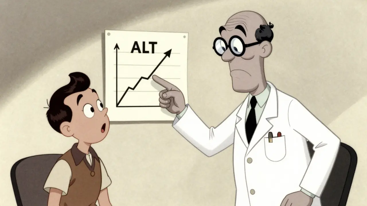 Vintage cartoon doctor showing a patient a chart with rising enzyme levels.