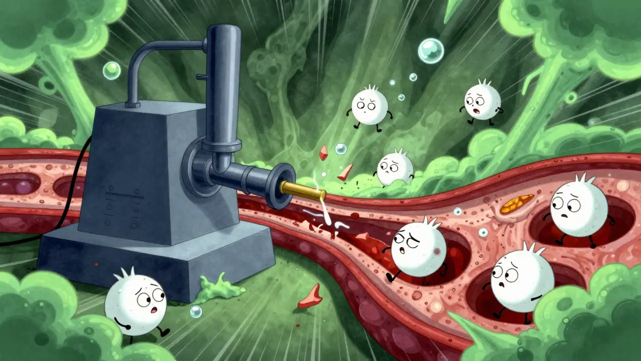 Vintage cartoon showing a bone marrow factory failing due to toxic buildup.