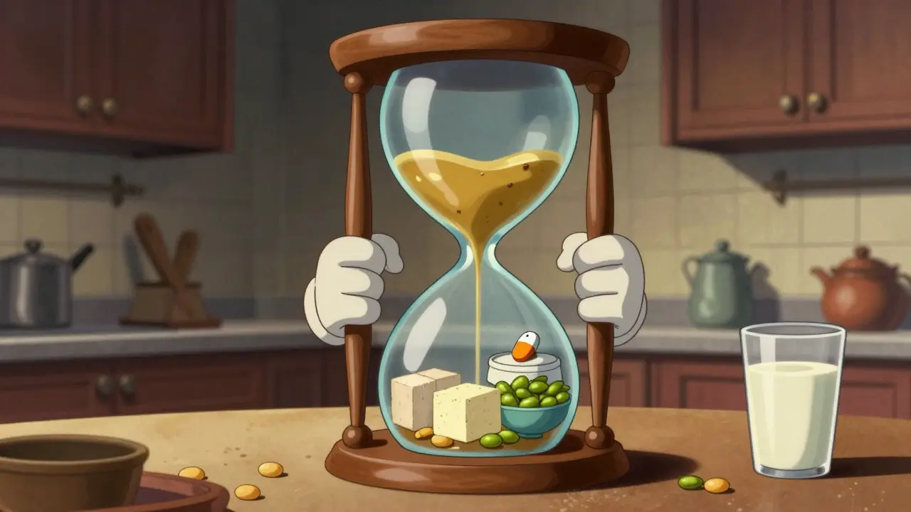 Vintage style hourglass separating a thyroid pill from tofu and soy milk in a kitchen