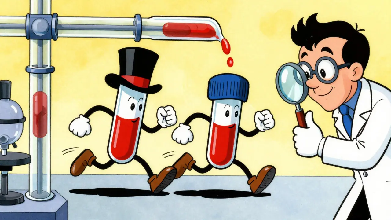 Animated test tubes racing to demonstrate drug bioequivalence in a lab.
