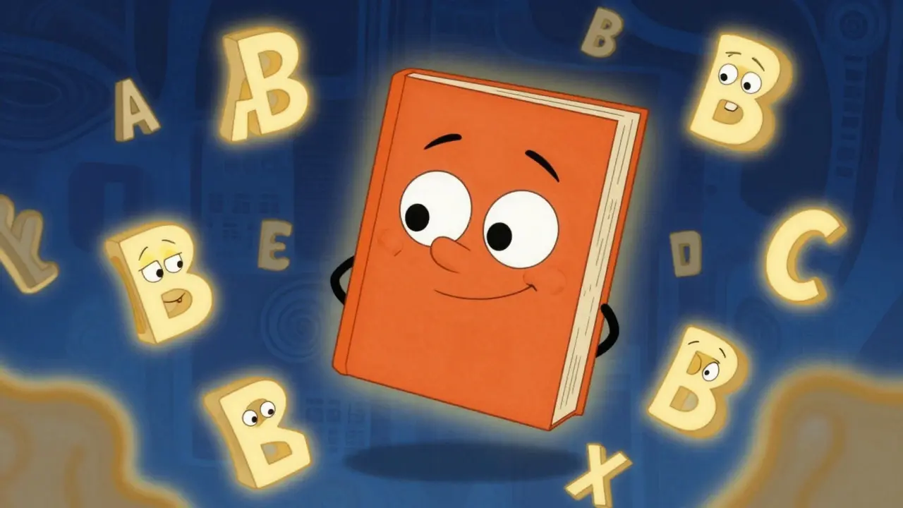 Anthropomorphic orange book surrounded by floating therapeutic equivalence codes.