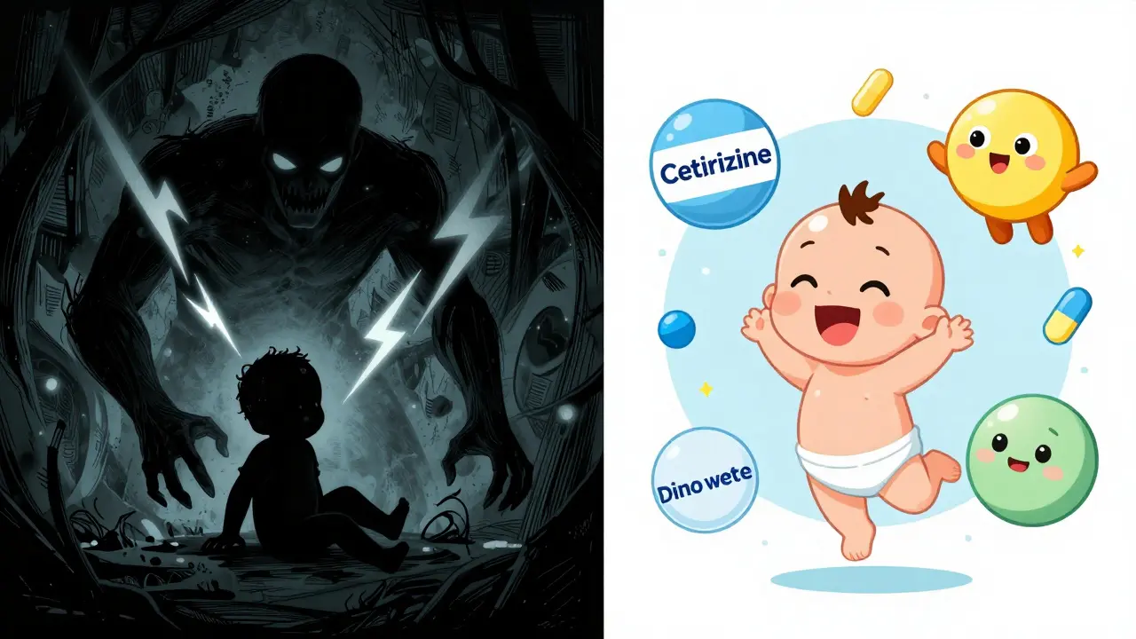 Cartoon contrast showing dangerous codeine vs safe allergy meds for infants