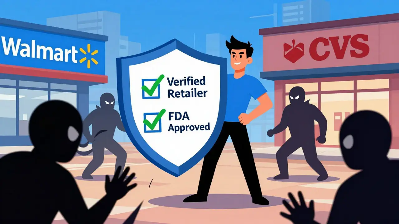 Cartoon hero protecting safe verified pharmacy options from shady scam websites.