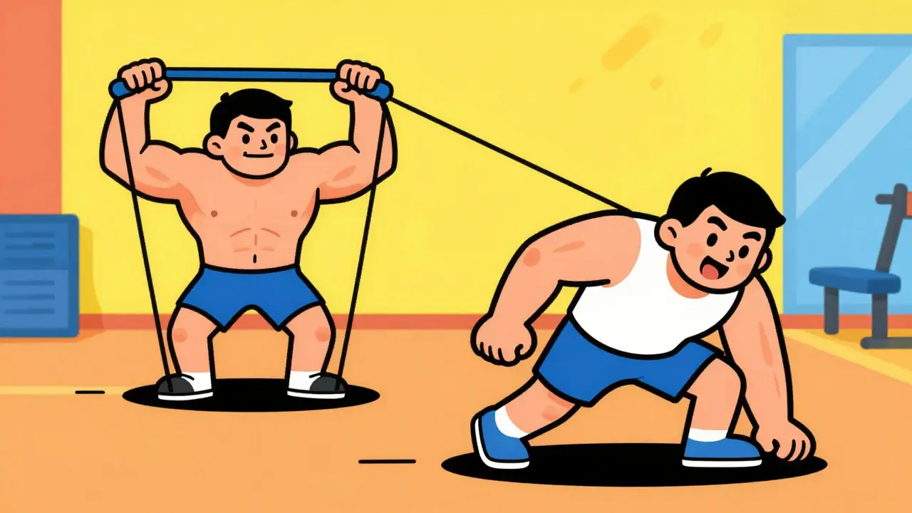 Cheerful cartoon characters doing shoulder rehab exercises with resistance bands