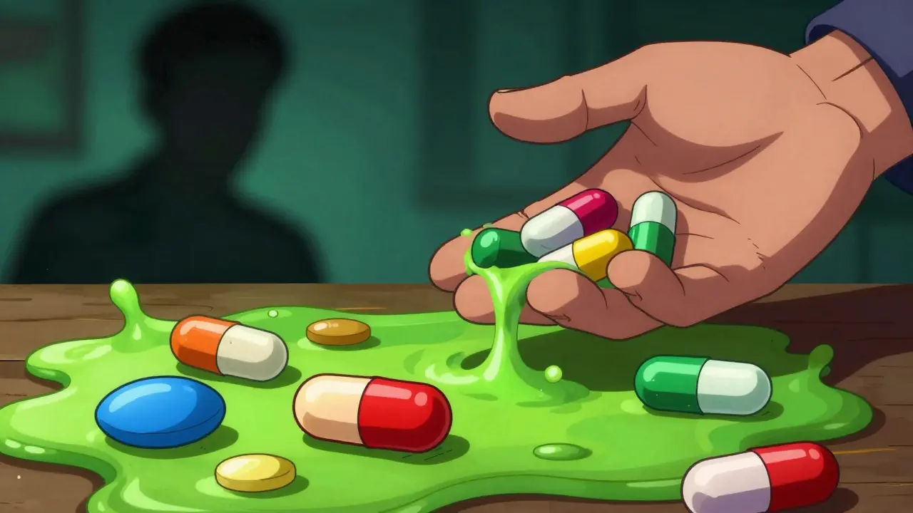 Deceptive counterfeit pills hiding toxic substances in cartoon style