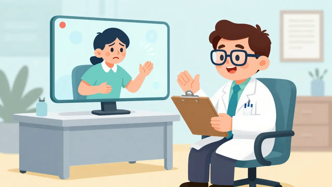 Doctor consulting patient via video call in vintage cartoon style