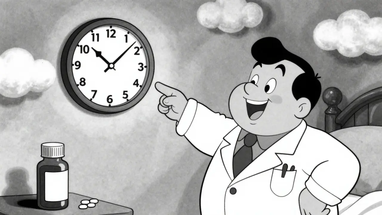 Doctor pointing to clock and supplements for better sleep habits