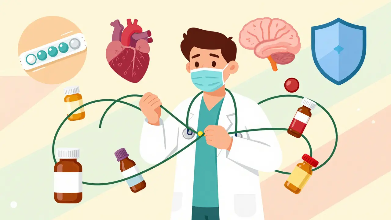 Doctor untangling interacting medications like birth control and blood thinners
