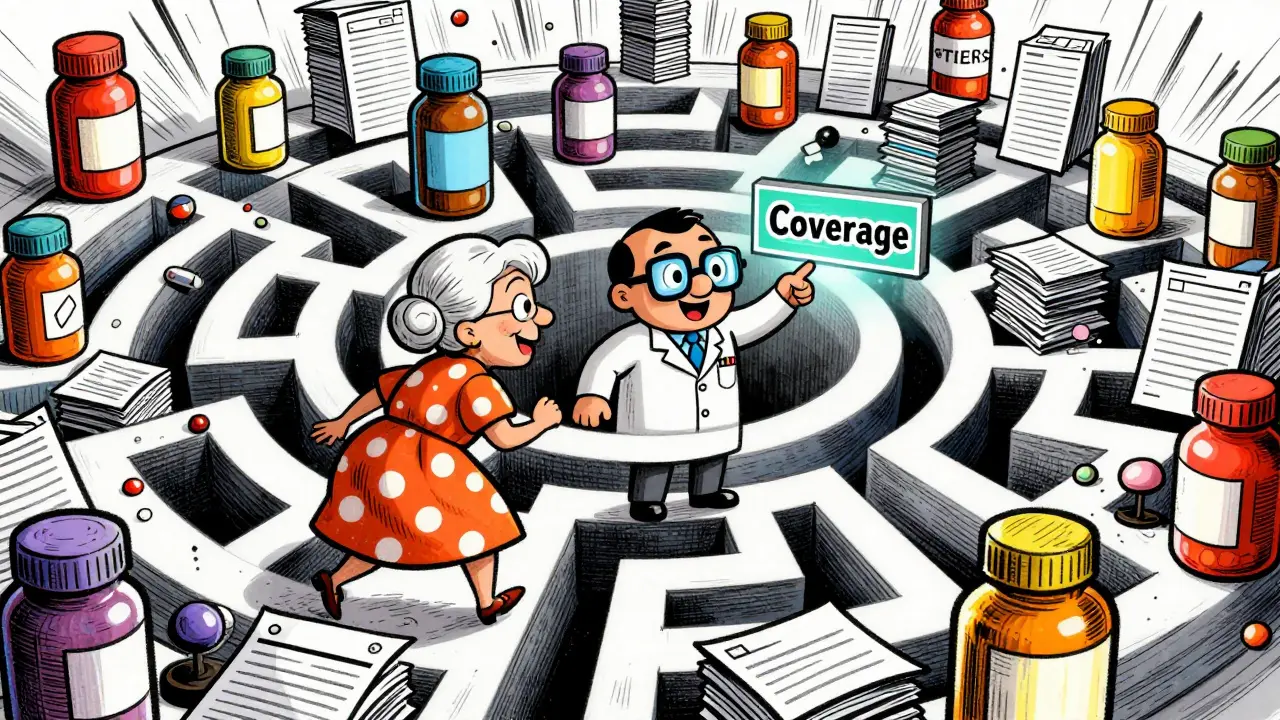 Elderly woman navigating a maze of pills and forms in vintage animation.