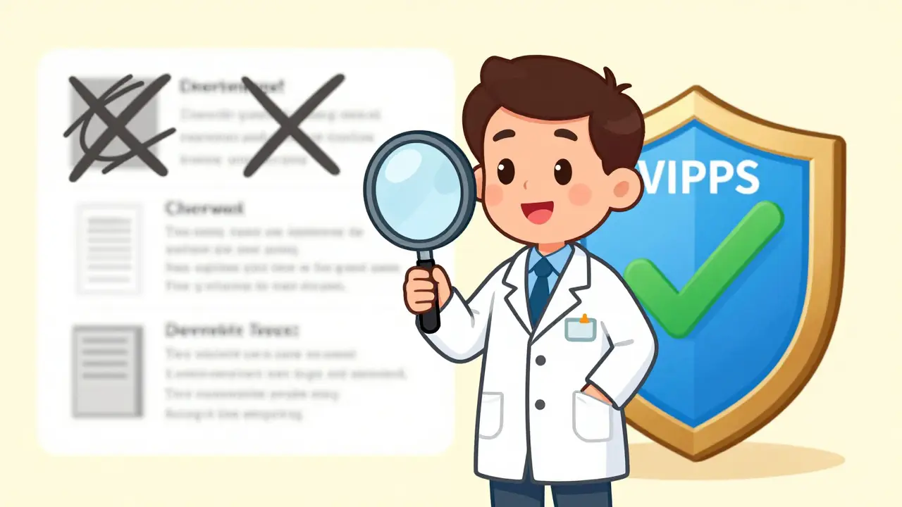 Friendly pharmacist verifying safe online pharmacy credentials