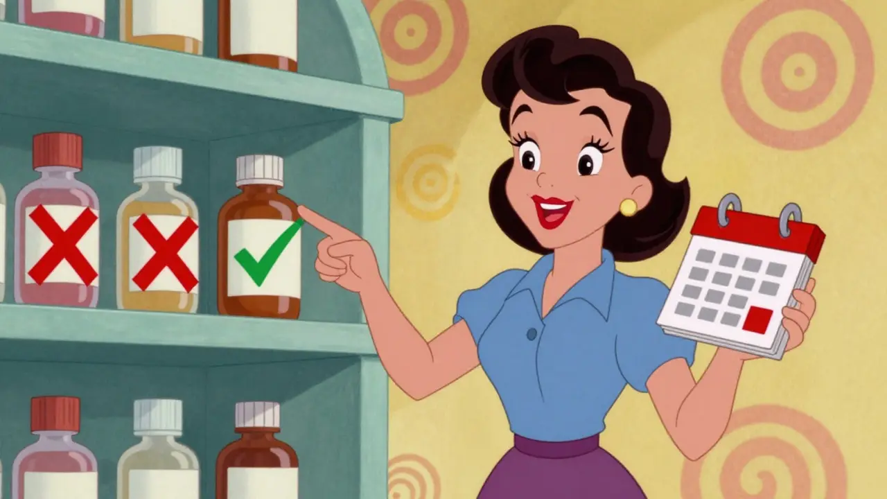 Happy mother choosing safe medication at pharmacy with timing tips
