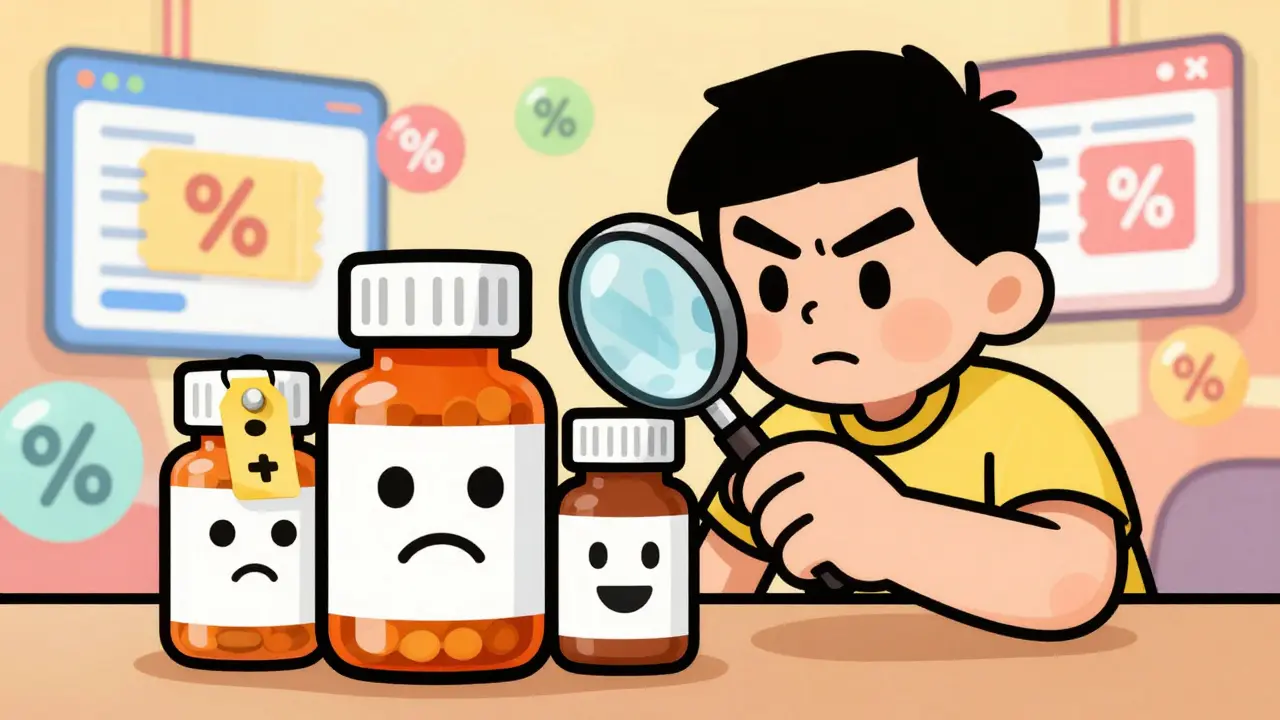 Illustration comparing cheap generic pills vs expensive brand name with discount coupons.