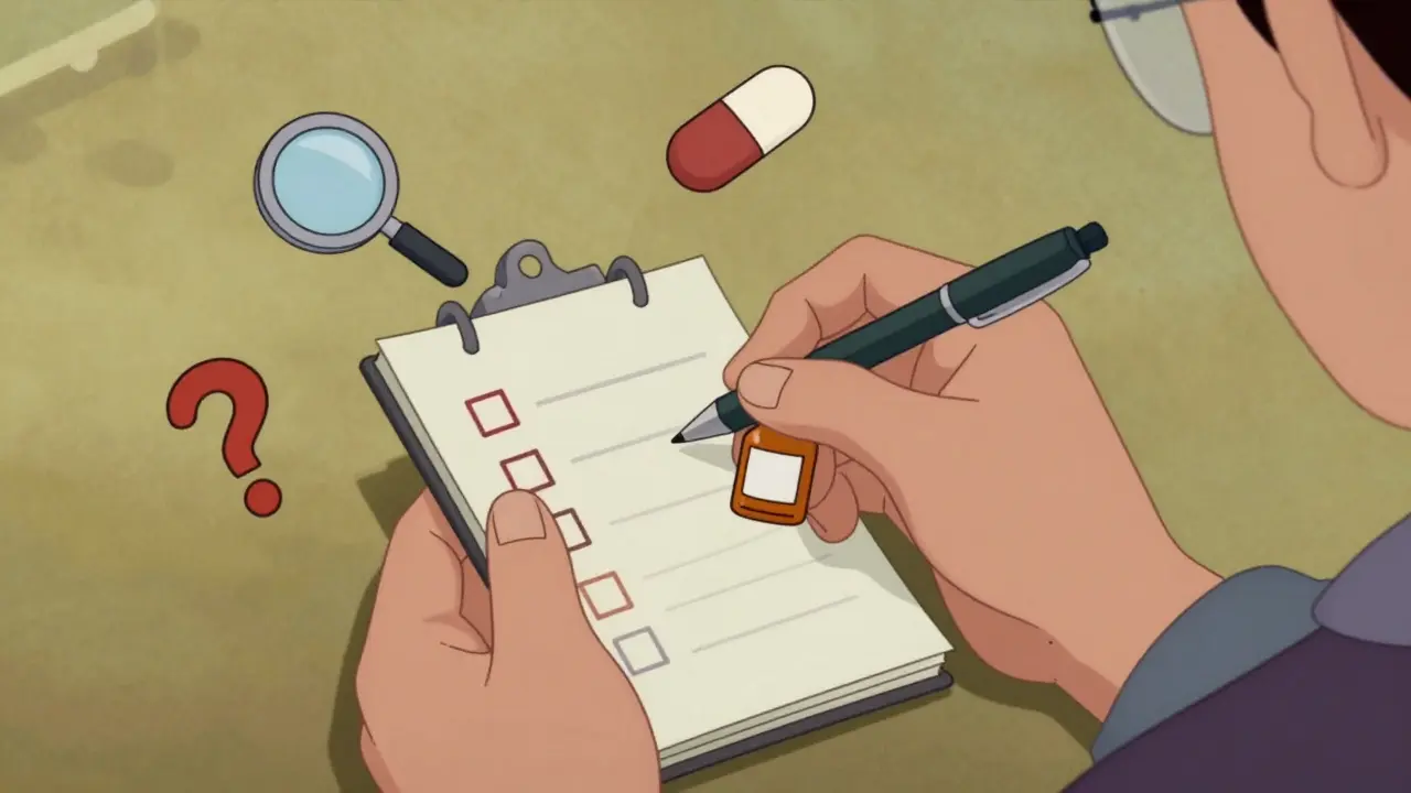 Illustration of hands checking medication details with checklist icons