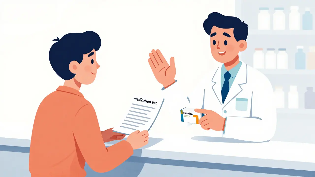 Patient discussing prescription calmly with pharmacist at counter