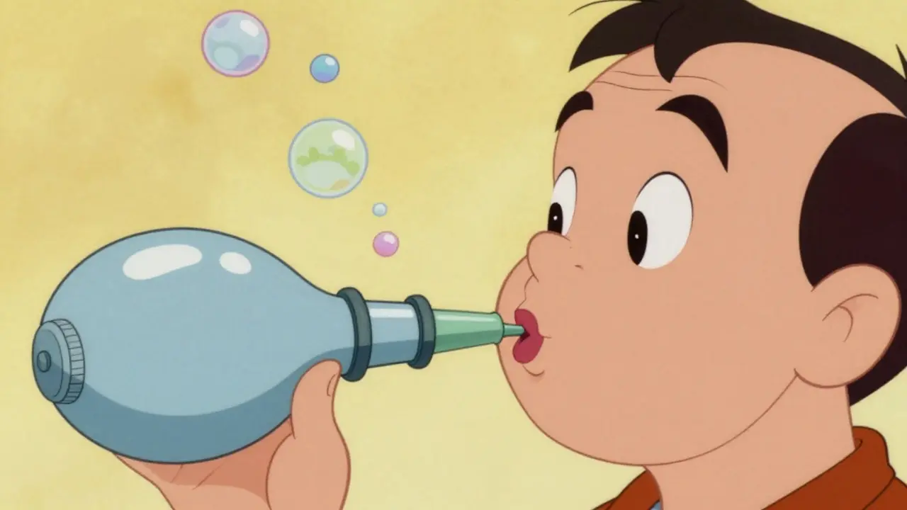 Patient exhaling colorful bubbles into a handheld FeNO testing device.