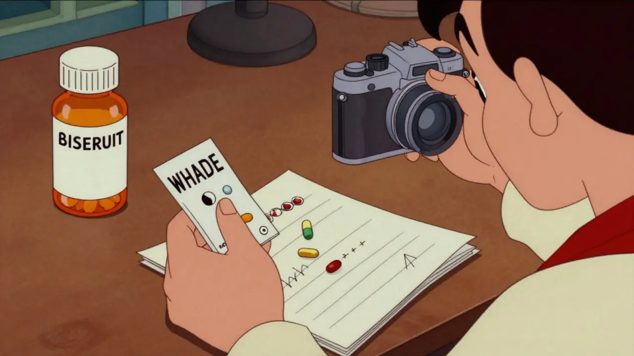 Person documenting fake medication evidence in 1930s art style