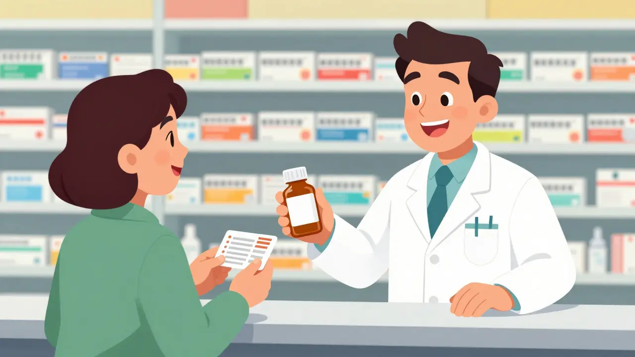 Pharmacist handing prescription to happy customer in cartoon style
