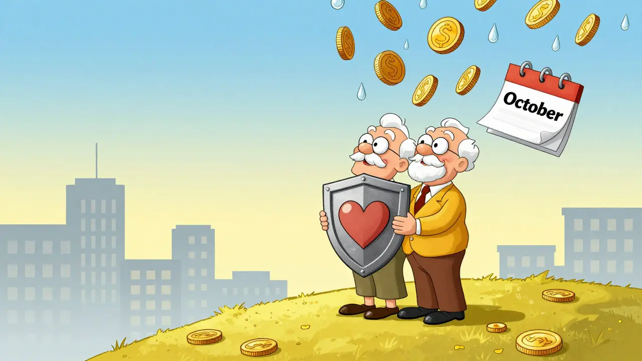 Senior couple protected by a health shield against cost raindrops.