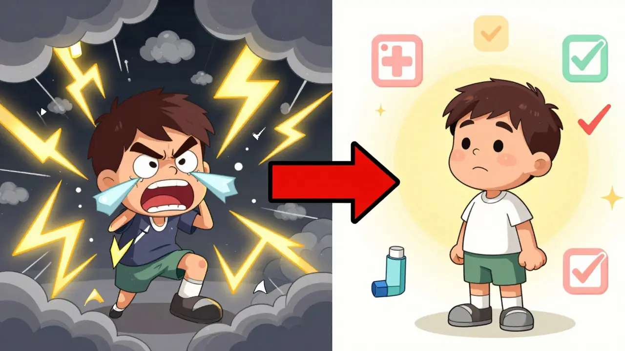 Split screen showing asthma chaos vs calm health via guided treatment.