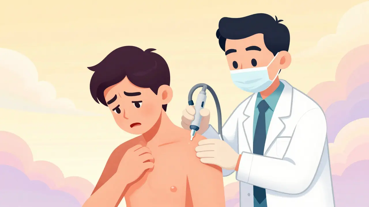Stylized cartoon doctor giving shoulder injection with patient looking relieved