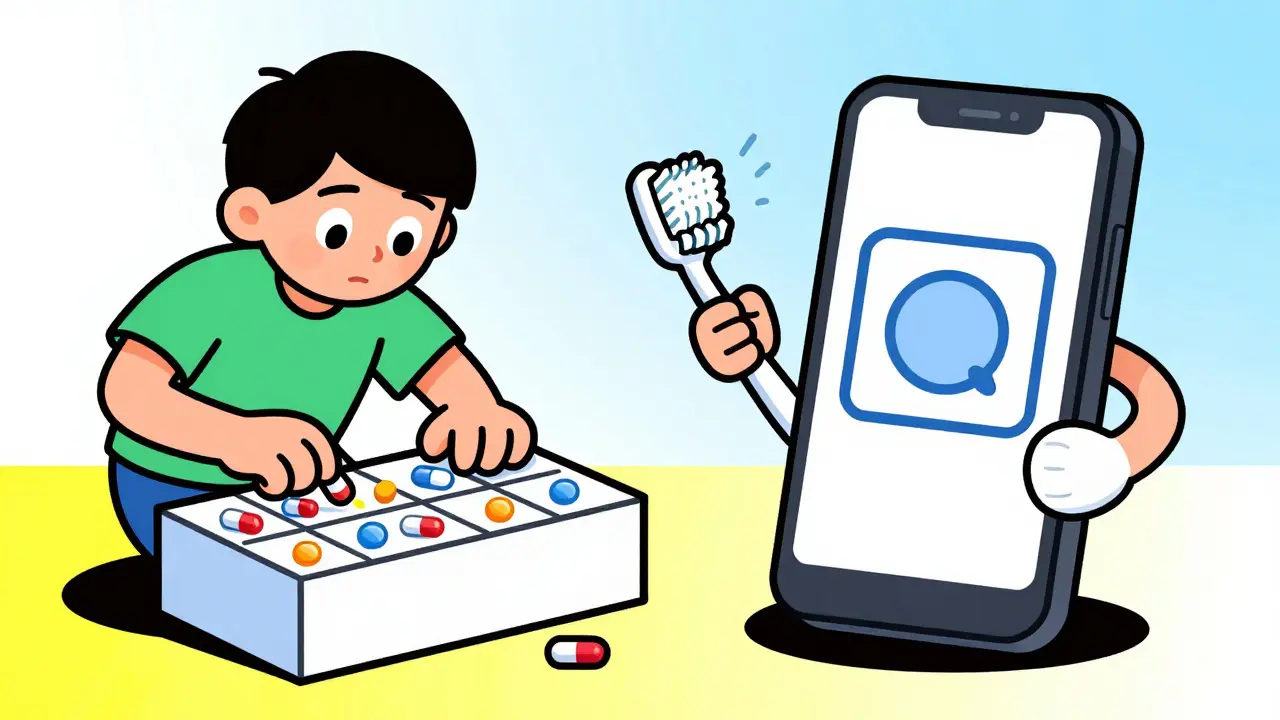 Teen organizing pills and phone alarm for daily routine
