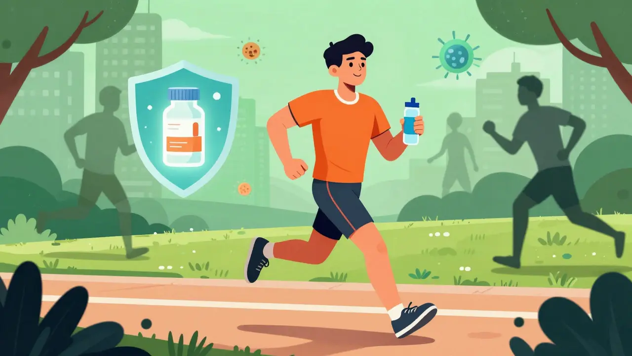 Active patient managing meds and health in a stylized park