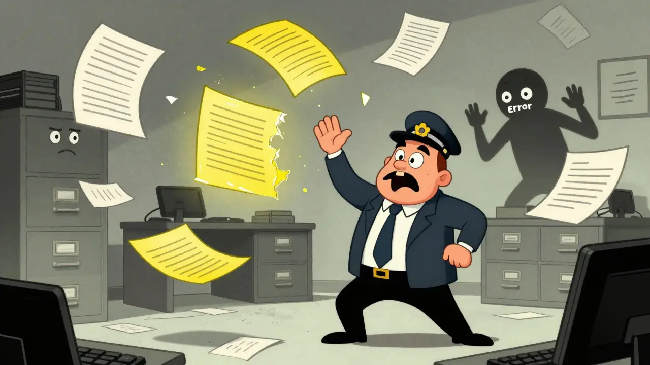 Animated chaos of floating documents and data errors