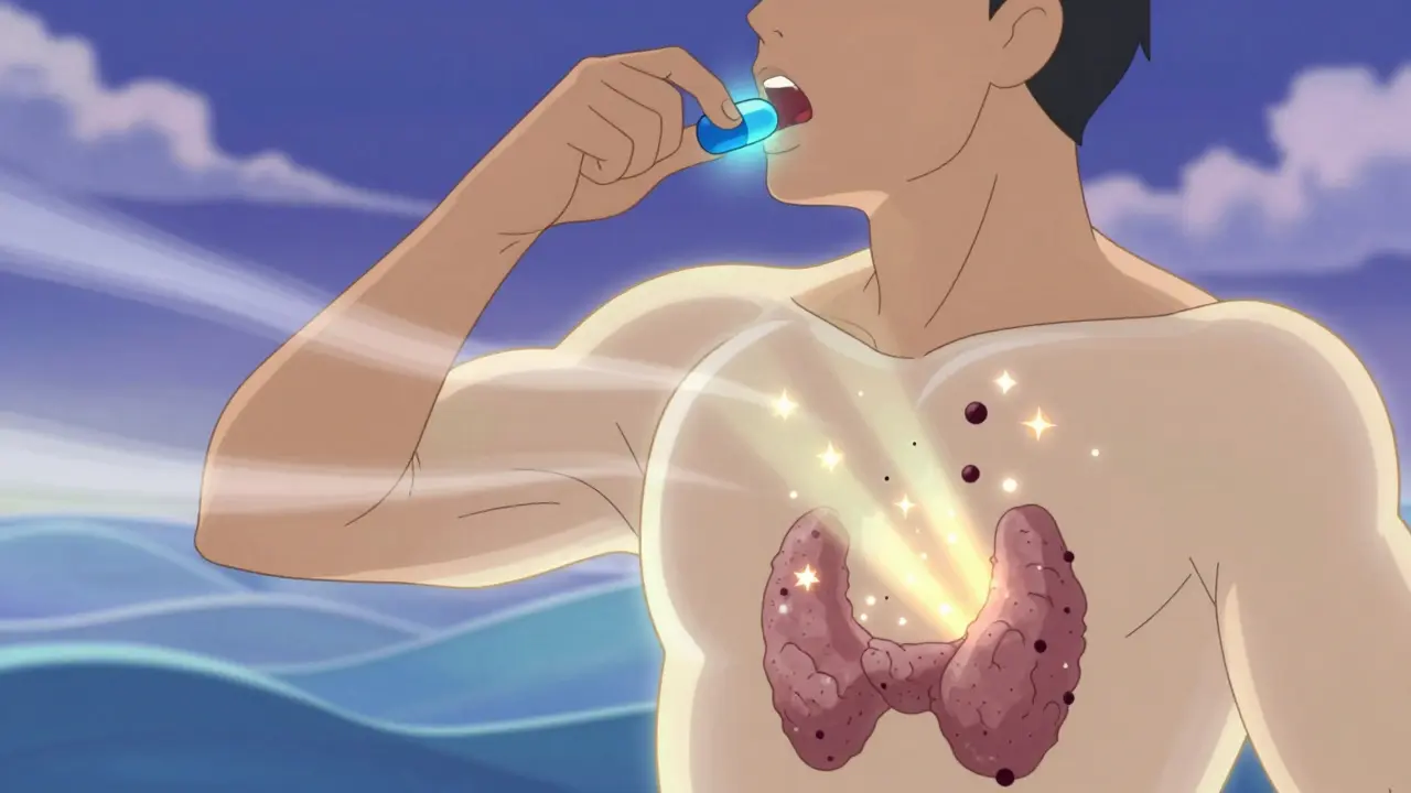 Animated style image of a patient swallowing a glowing capsule, showing internal healing process.