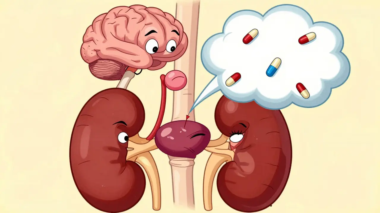 Cartoon showing opioids blocking stress hormone signals in body