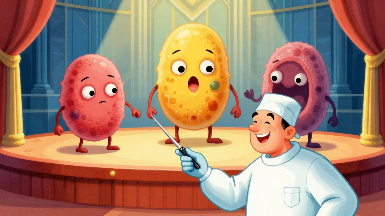 Cartoon surgeon presenting three anthropomorphic thyroid cancer cells on an Art Deco stage.