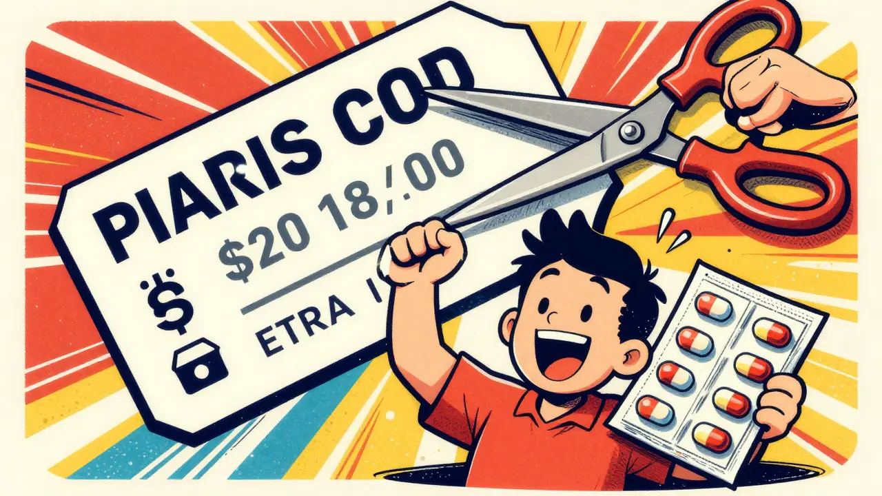 Cheerful character celebrating savings with coupons and medicine
