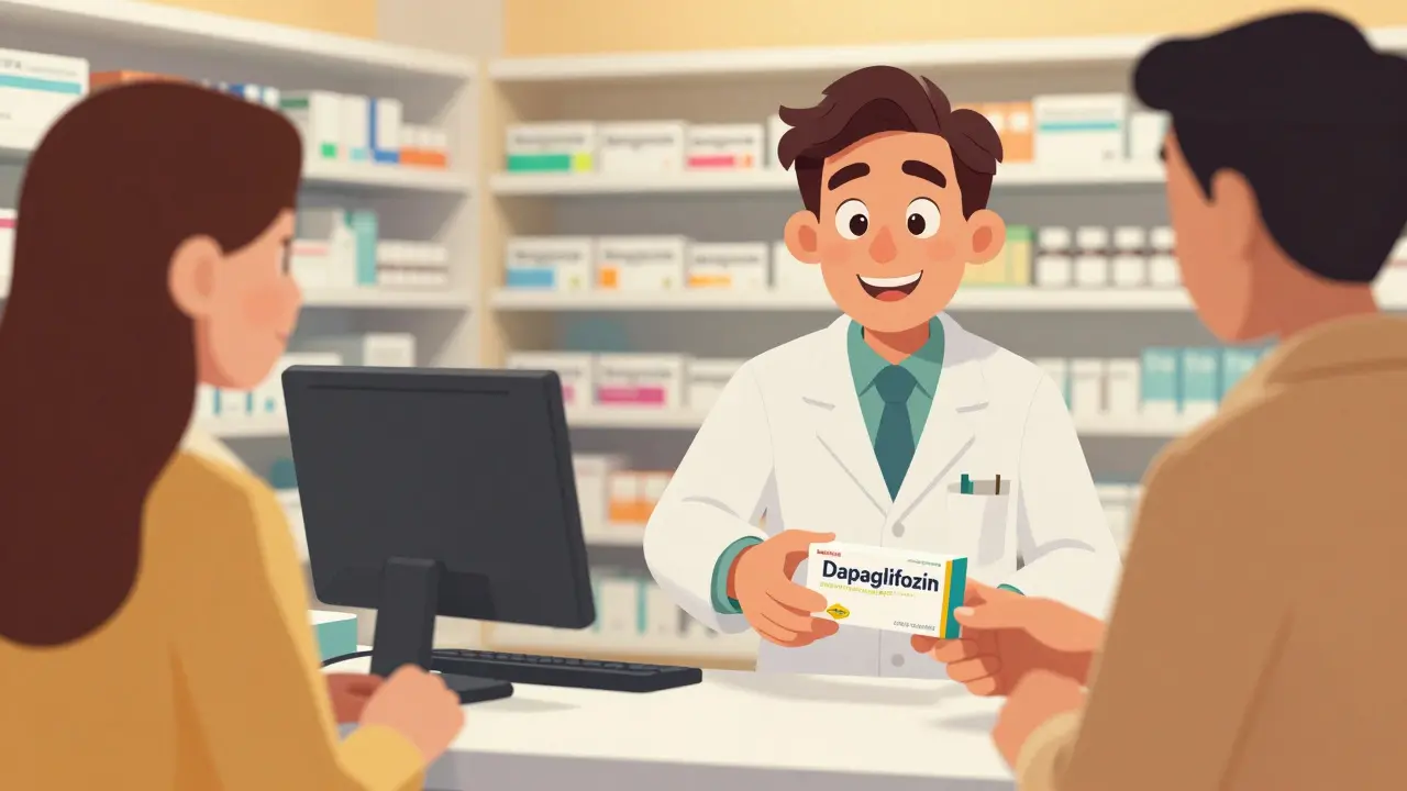 Friendly pharmacist handing medication to happy customer in cartoon style