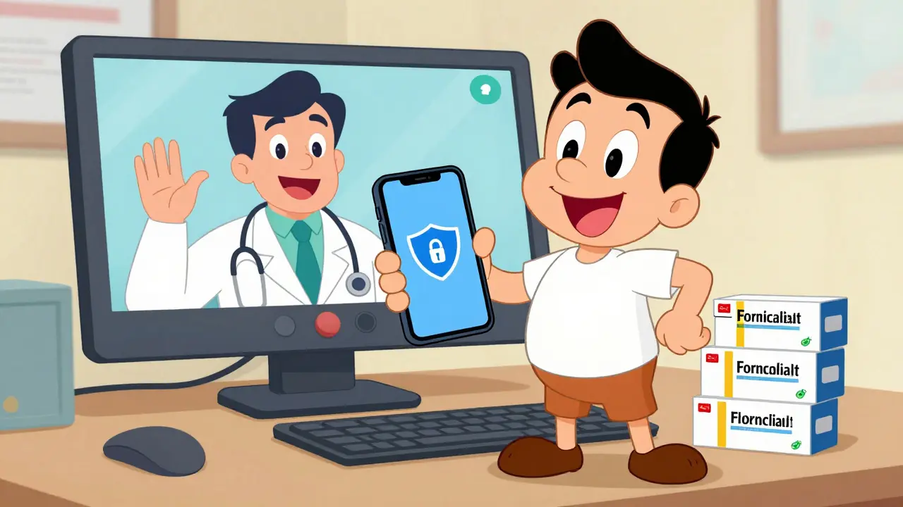 Happy character using telehealth to safely order cheap generic medicine