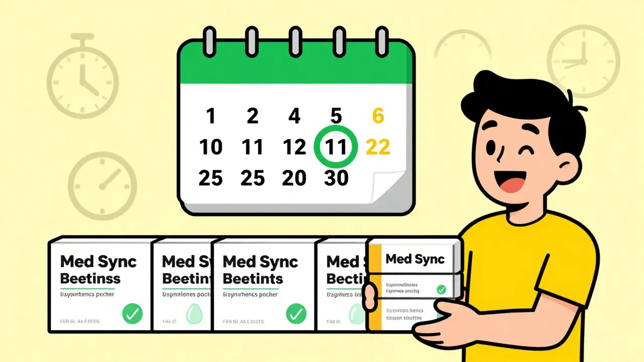 Happy patient with synchronized monthly medication pickup