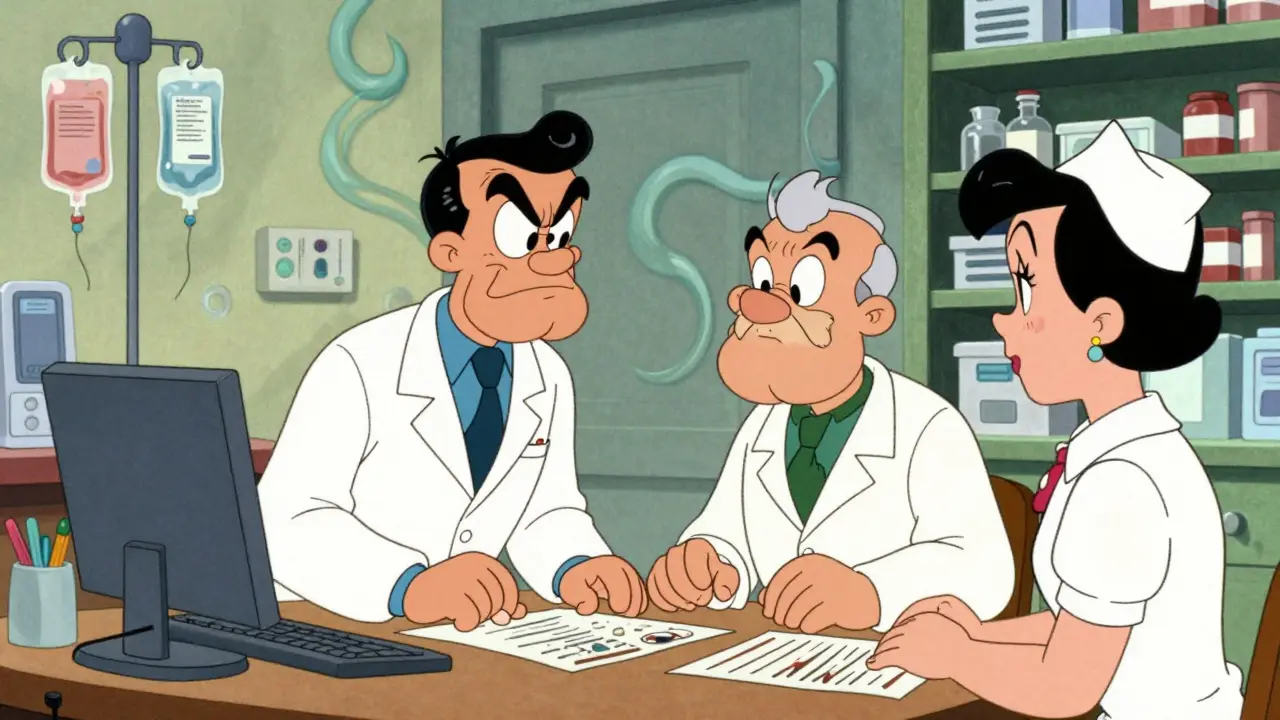 Hospital team discussing medication protocols in vintage cartoon style