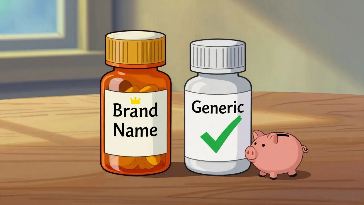 Illustration comparing expensive brand-name pills with affordable generics