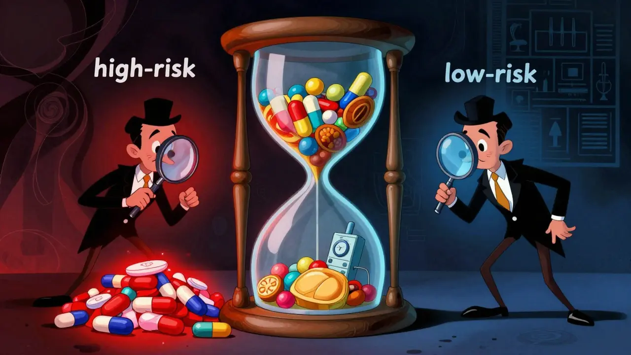 Vintage cartoon showing risk assessment with giant hourglass